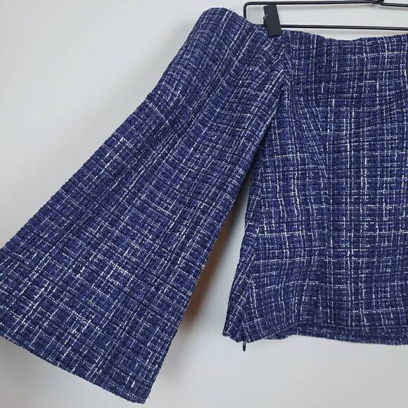 Zara Women's Blue Tweed Textured Off the Shoulder Top Long Sleeve Size Small - Picture 4 of 10